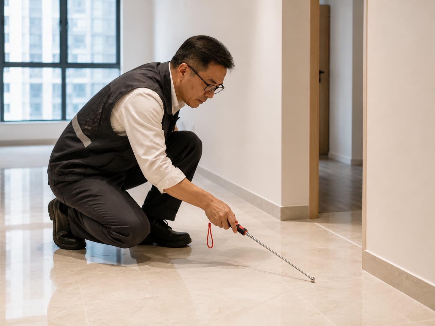 Inspector testing floor tiles for hollow defects during a BTO inspection